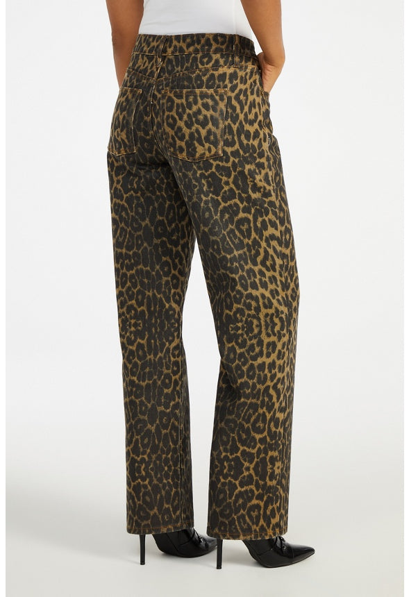 Low Rise Straight Leg Denim Jeans Leopard Print