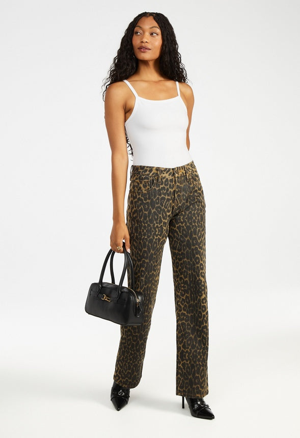 Low Rise Straight Leg Denim Jeans Leopard Print