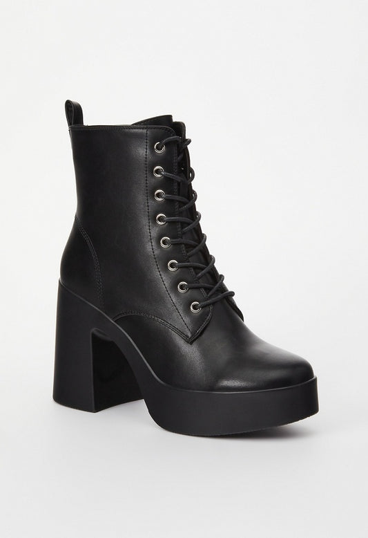 Letty Block Heeled Lace-Up Bootie Black Caviar