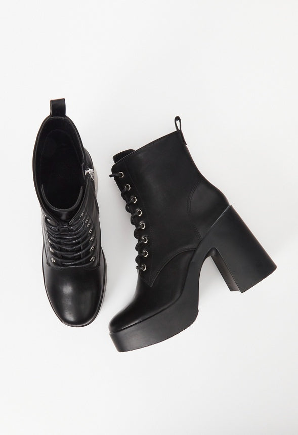 Letty Block Heeled Lace-Up Bootie Black Caviar