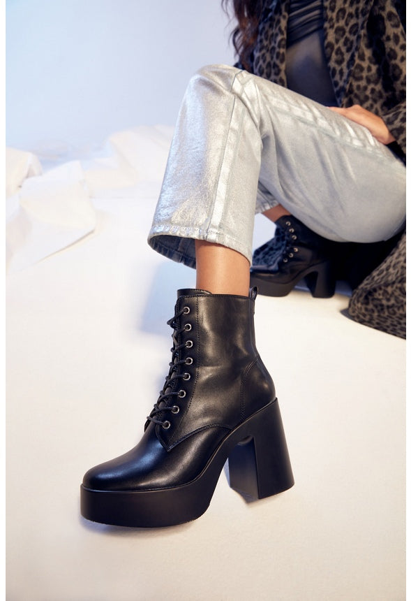 Letty Block Heeled Lace-Up Bootie Black Caviar