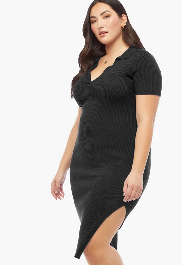 Plus Size Ribbed Collar Dress Black Caviar