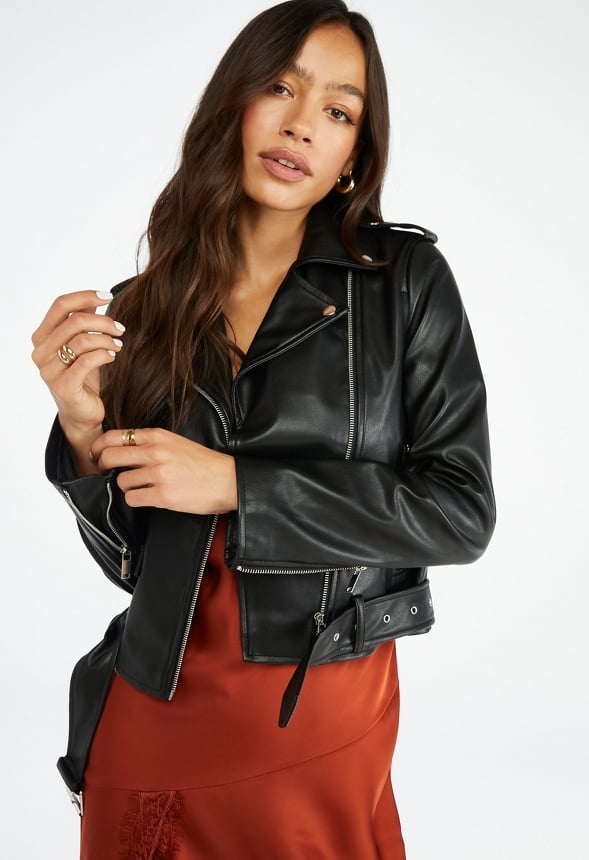 Faux Leather Moto Jacket Black Caviar