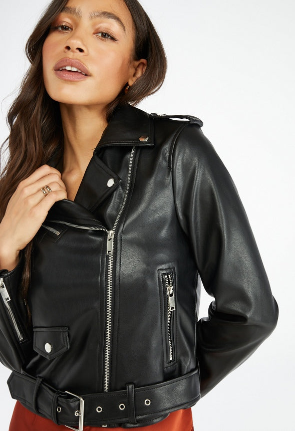 Faux Leather Moto Jacket Black Caviar