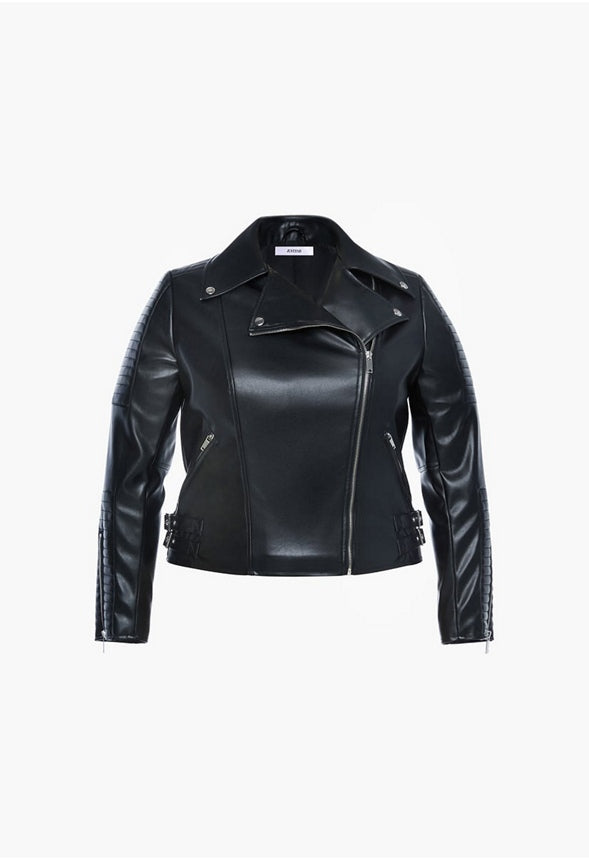 PLUS SIZE QUILTED FAUX LEATHER BIKER JACKET Caviar