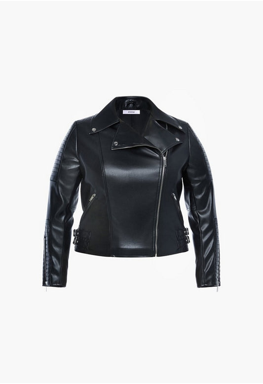 PLUS SIZE QUILTED FAUX LEATHER BIKER JACKET Caviar
