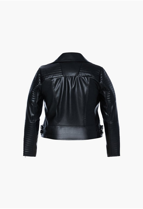 PLUS SIZE QUILTED FAUX LEATHER BIKER JACKET Caviar