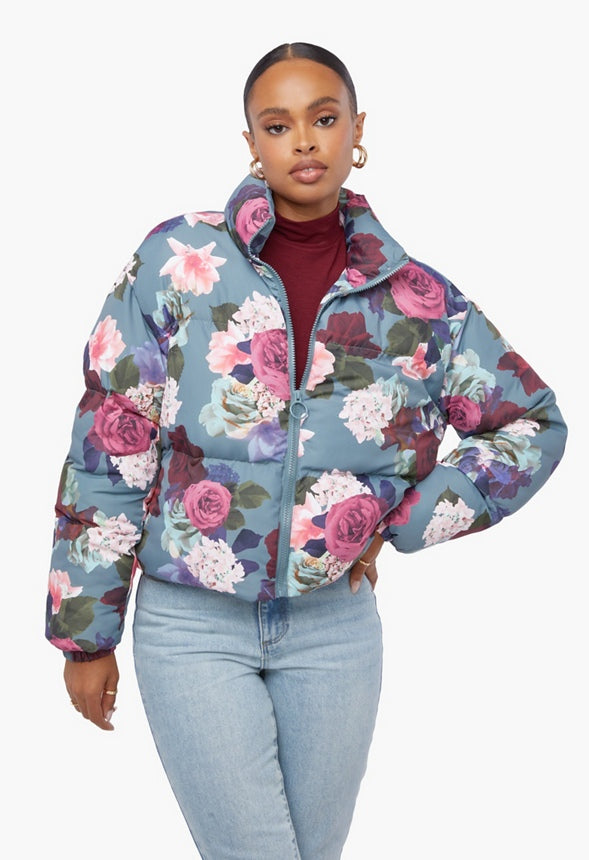 Cropped Puffer Jacket Goblin Blue Floral Print
