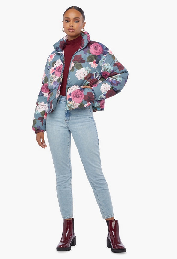 Cropped Puffer Jacket Goblin Blue Floral Print