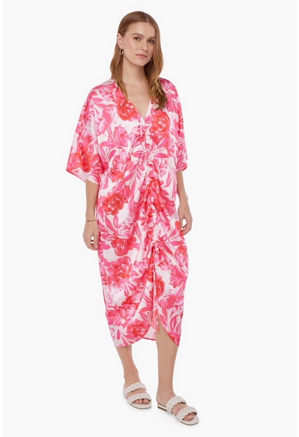 Ruched Kaftan Dress Hot Coral Floral