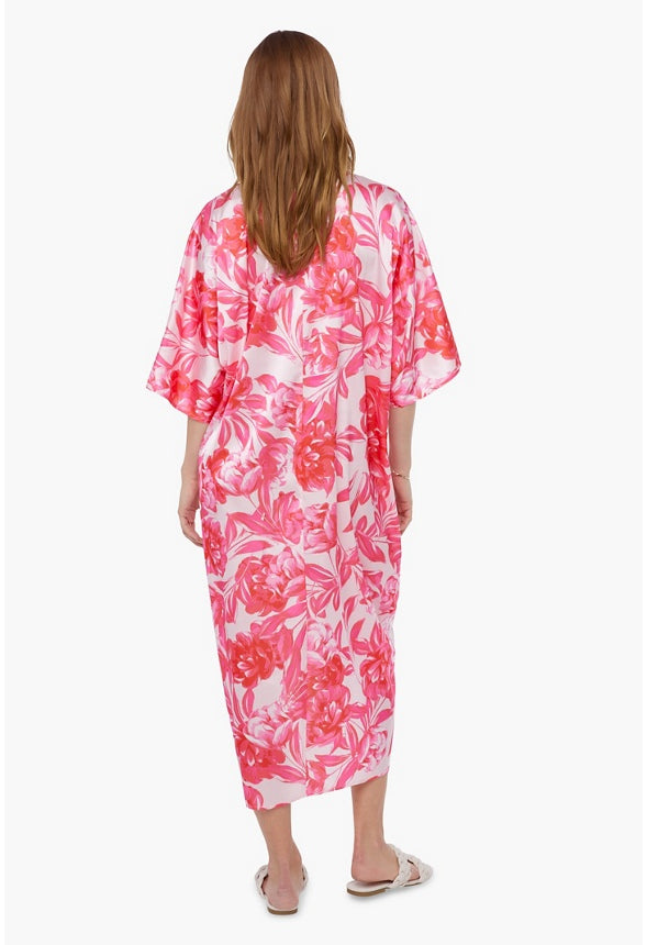 Ruched Kaftan Dress Hot Coral Floral
