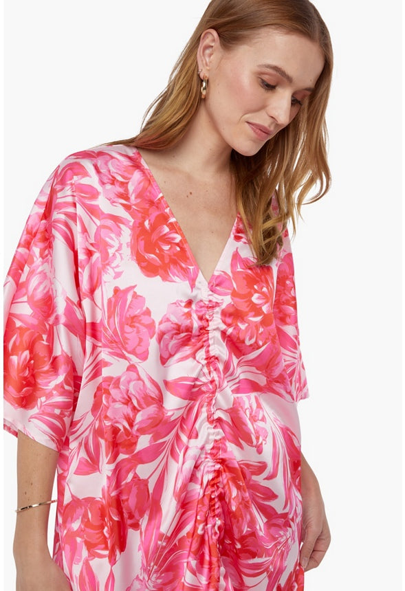 Ruched Kaftan Dress Hot Coral Floral