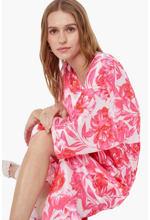 Ruched Kaftan Dress Hot Coral Floral
