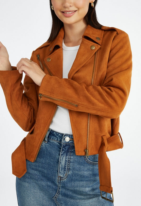 Faux Suede Moto Jacket Roasted Pecan