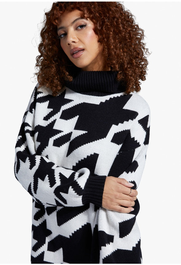 HI LOW JACQUARD SWEATER DRESS Marshmallow Multi - Houndstooth
