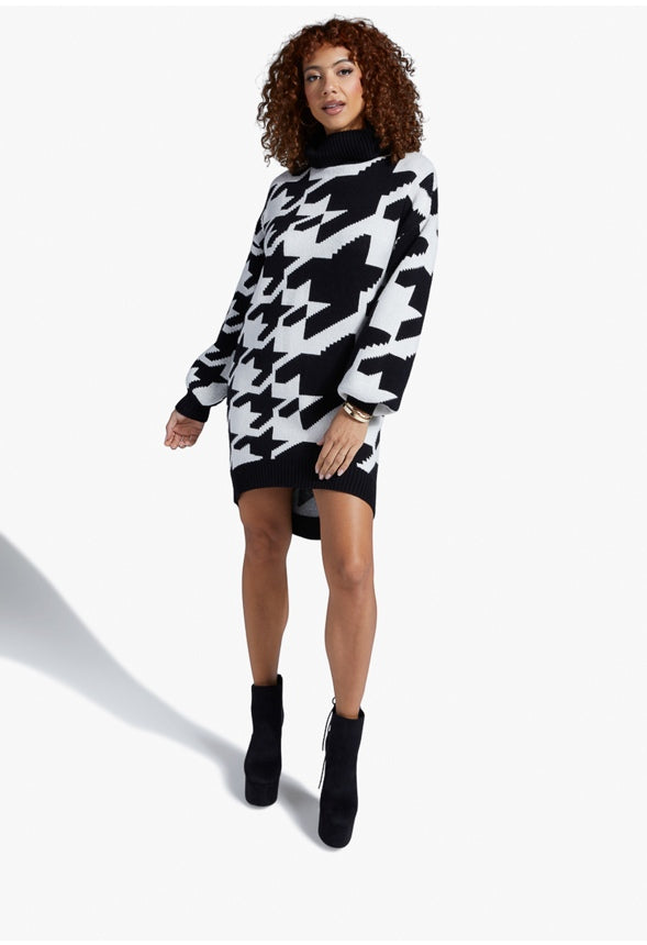 HI LOW JACQUARD SWEATER DRESS Marshmallow Multi - Houndstooth