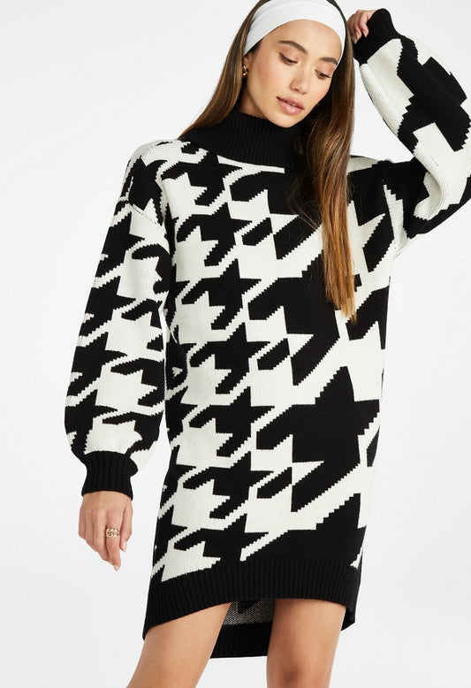 Hi-Low Sweater Dress Marshmallow Multi-Houndstooth