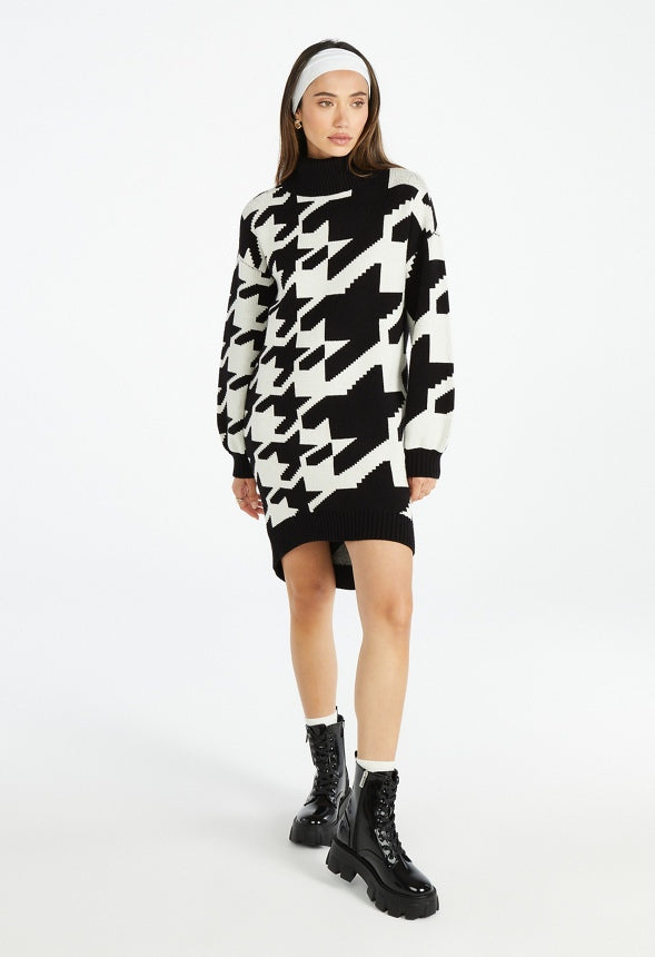 Hi-Low Sweater Dress Marshmallow Multi-Houndstooth