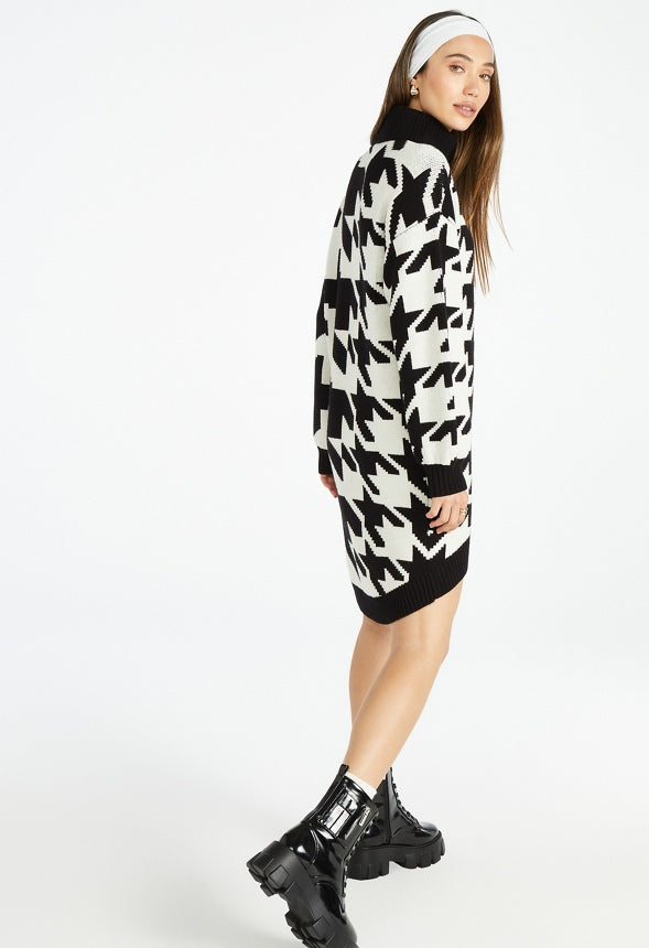 Hi-Low Sweater Dress Marshmallow Multi-Houndstooth