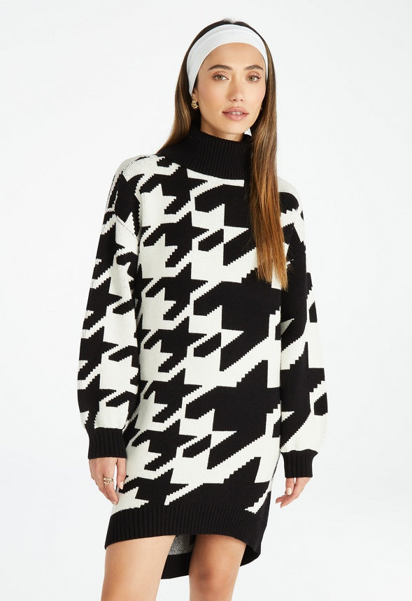 Hi-Low Sweater Dress Marshmallow Multi-Houndstooth