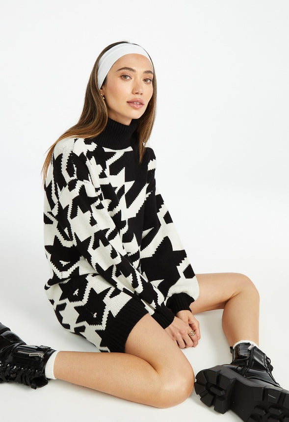 Hi-Low Sweater Dress Marshmallow Multi-Houndstooth