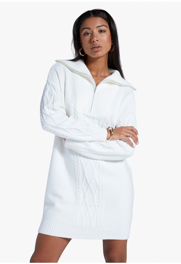 HALF ZIP CABLE SWEATER DRESS Marshmallow