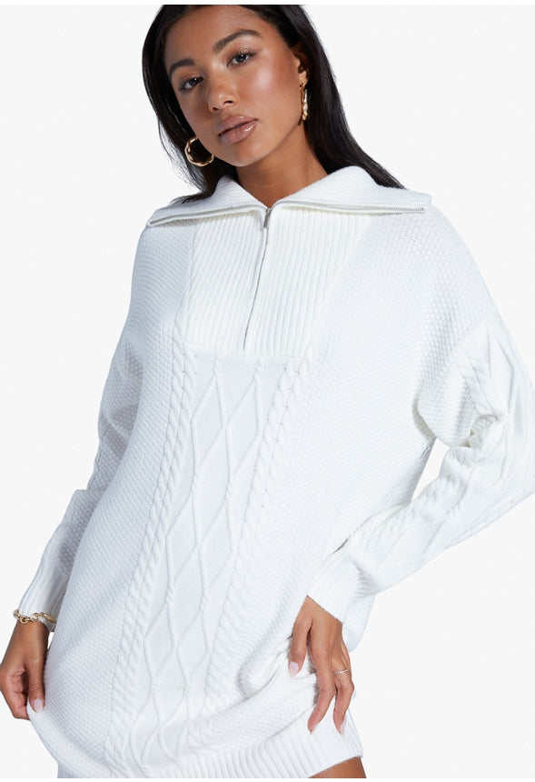 HALF ZIP CABLE SWEATER DRESS Marshmallow