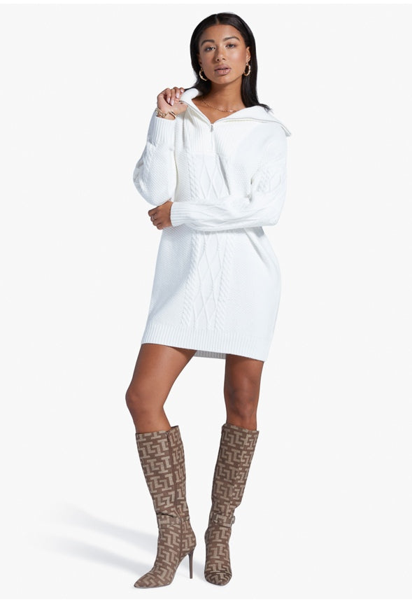 HALF ZIP CABLE SWEATER DRESS Marshmallow