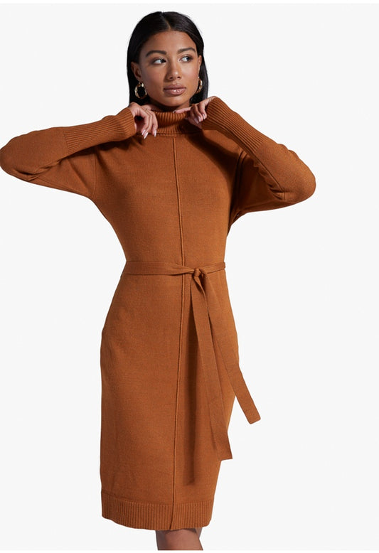 MOCK NECK SWEATER DRESS Brown Sugar