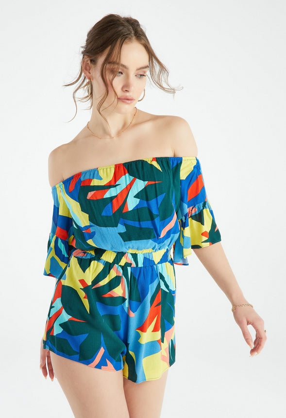 OFF THE SHOULDER CHIFFON ROMPER Fusion Coral Multi
