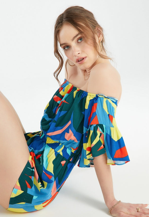 OFF THE SHOULDER CHIFFON ROMPER Fusion Coral Multi
