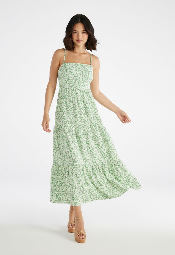 Open Back Maxi Dress Stone Green Ditsy
