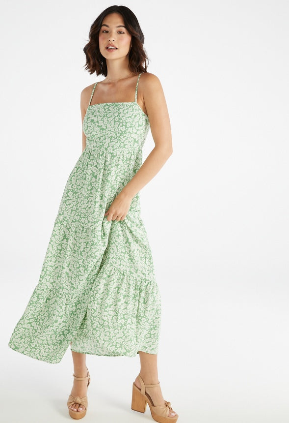 Open Back Maxi Dress Stone Green Ditsy
