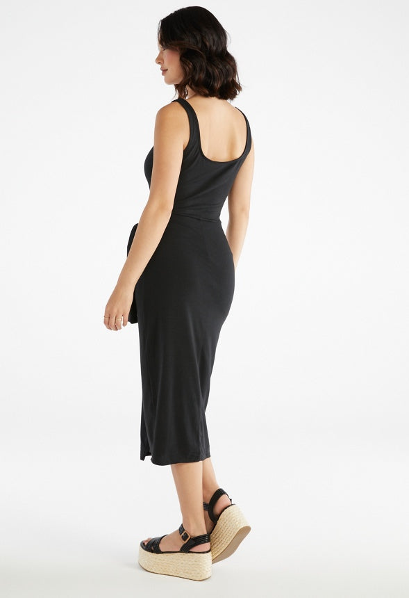 Front Tie Casual Knit Dress Black Caviar