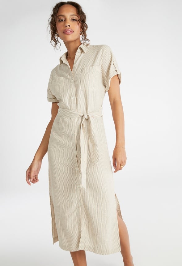 Linen Midi Shirtdress Oatmeal Stripe