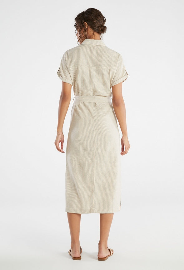 Linen Midi Shirtdress Oatmeal Stripe