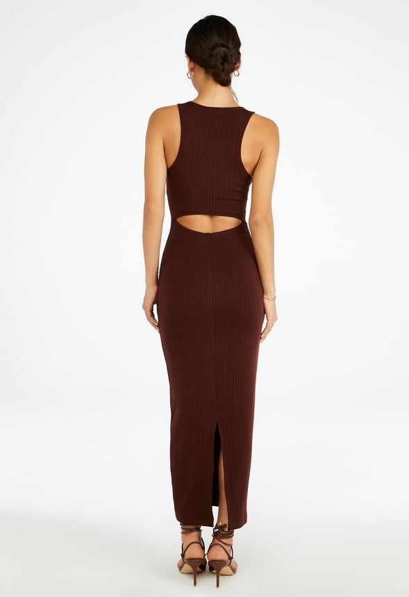 Tummy Tamer Halter Rib Maxi Dress Bitter Chocolate