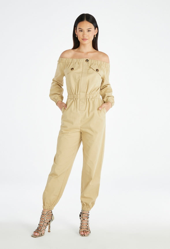 Utility Off The Shoulder Jumpsuit Khaki