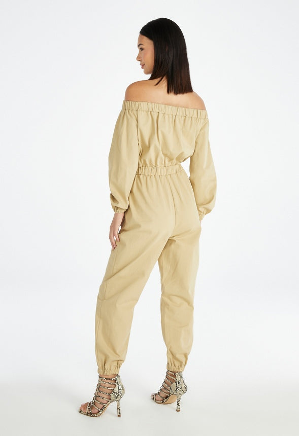 Utility Off The Shoulder Jumpsuit Khaki