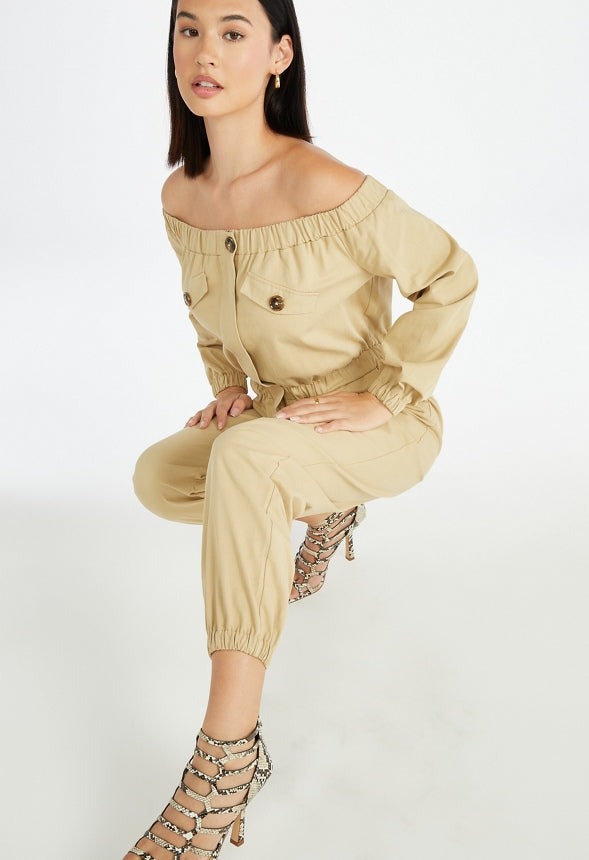 Utility Off The Shoulder Jumpsuit Khaki