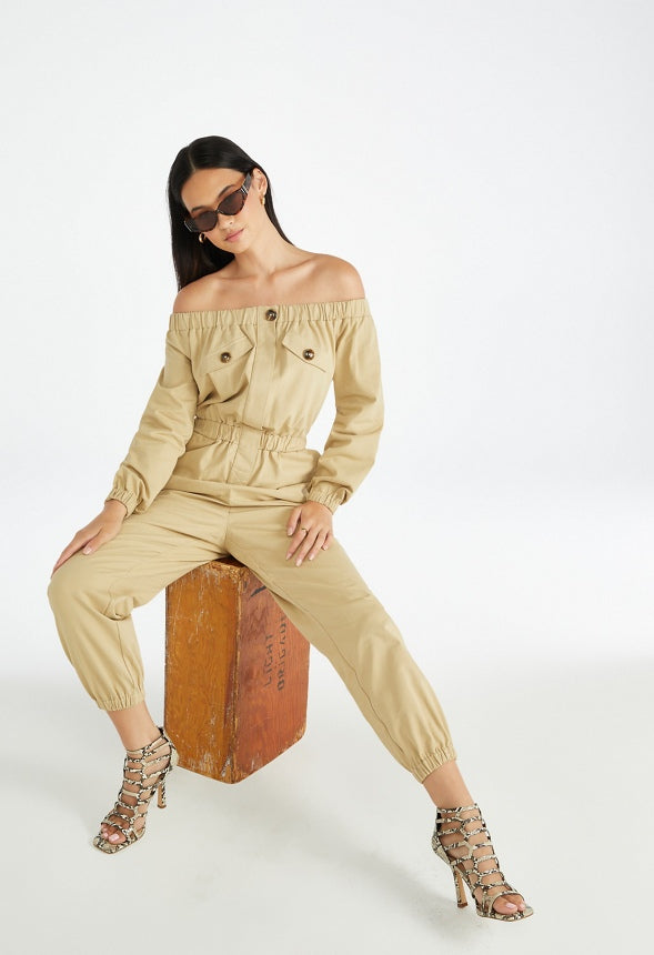 Utility Off The Shoulder Jumpsuit Khaki