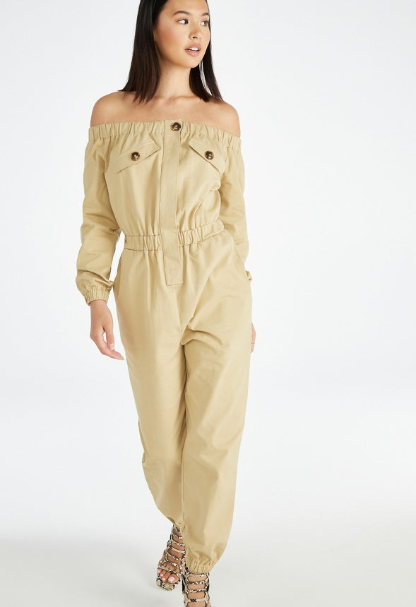 Utility Off The Shoulder Jumpsuit Khaki