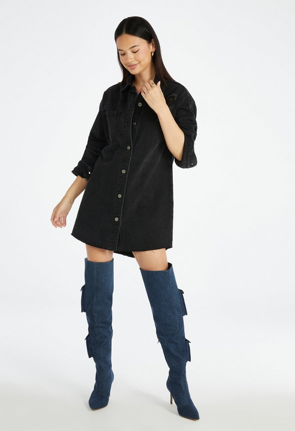 Distressed Denim Mini Shirtdress Mascara