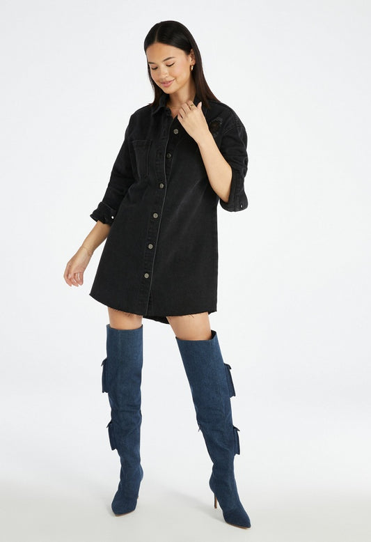 Distressed Denim Mini Shirtdress Mascara