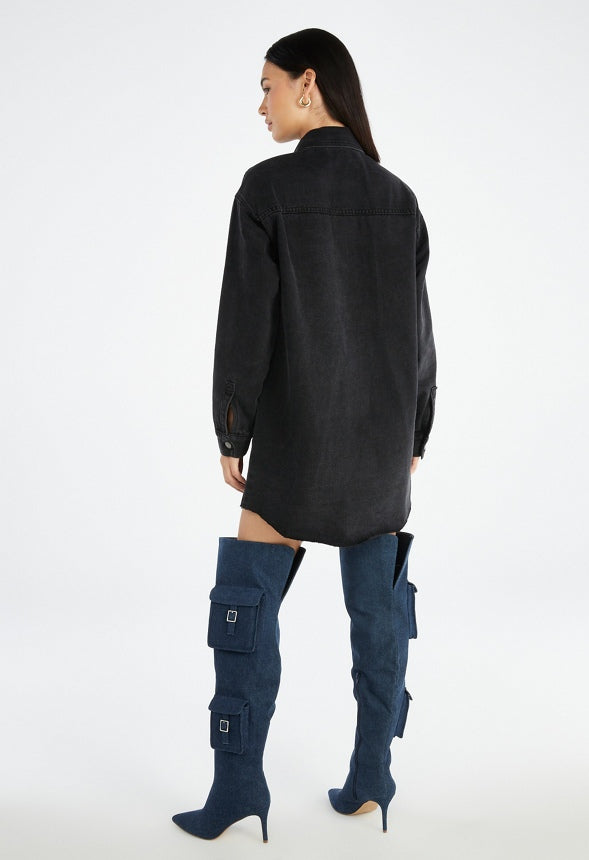 Distressed Denim Mini Shirtdress Mascara