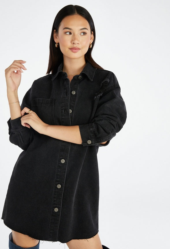 Distressed Denim Mini Shirtdress Mascara