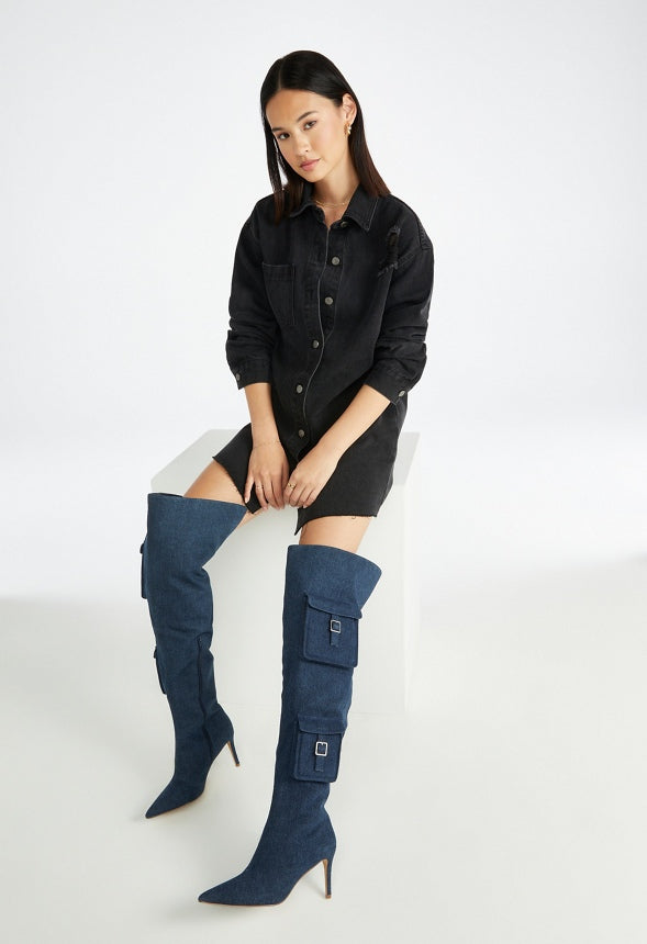 Distressed Denim Mini Shirtdress Mascara
