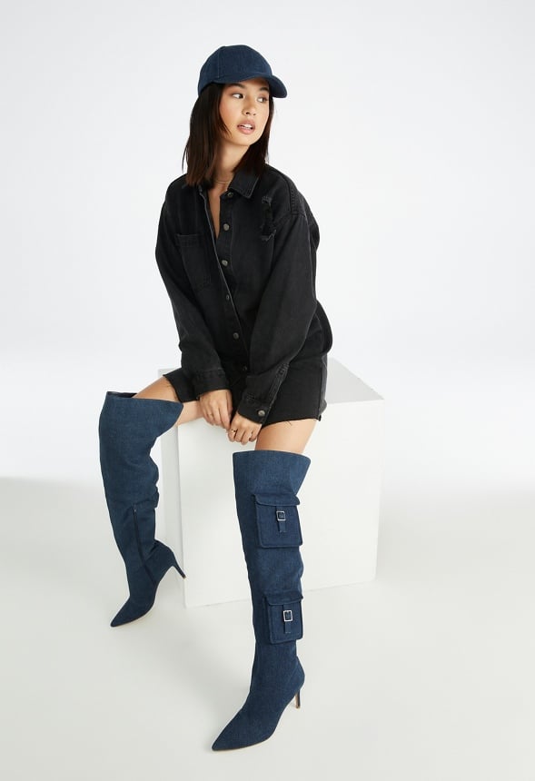 Distressed Denim Mini Shirtdress Mascara