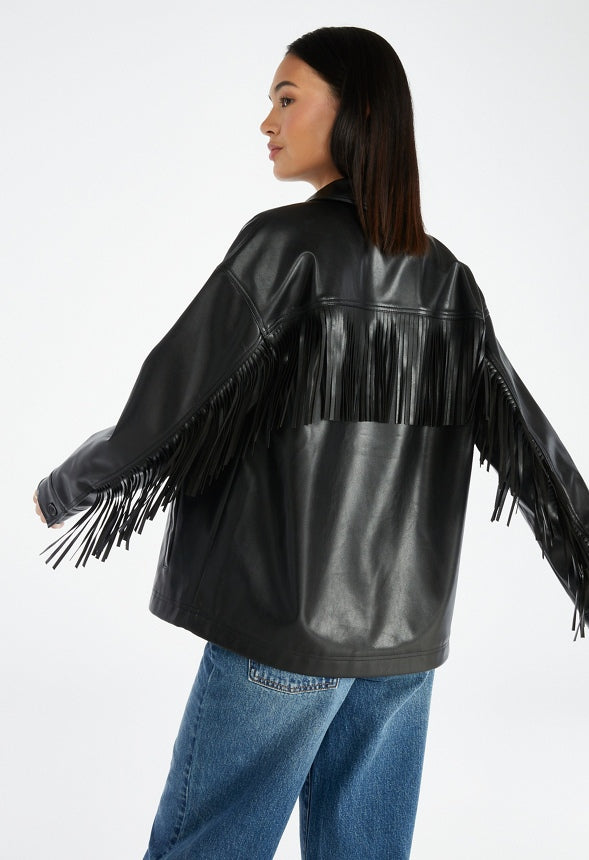 Faux Leather Fringe Jacket Black Caviar