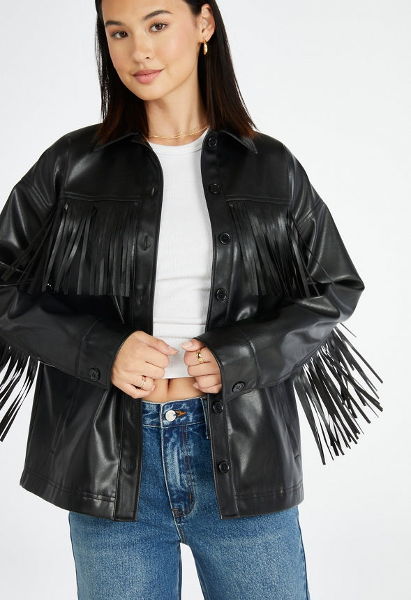 Faux Leather Fringe Jacket Black Caviar